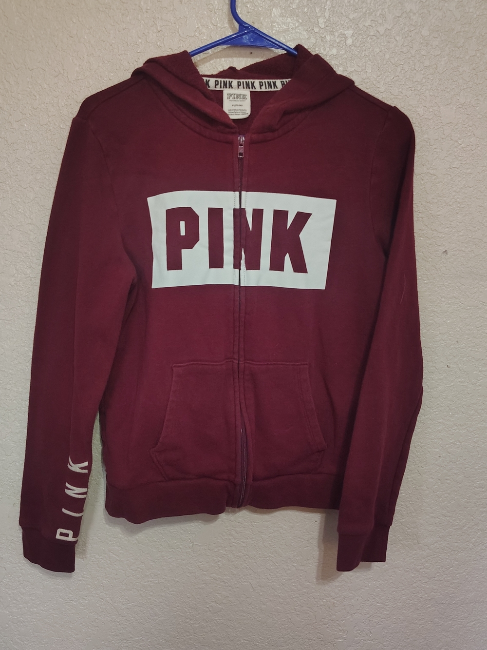 PINK Victoria's Secret Maroon Zip-Up Hoodie with White Logo